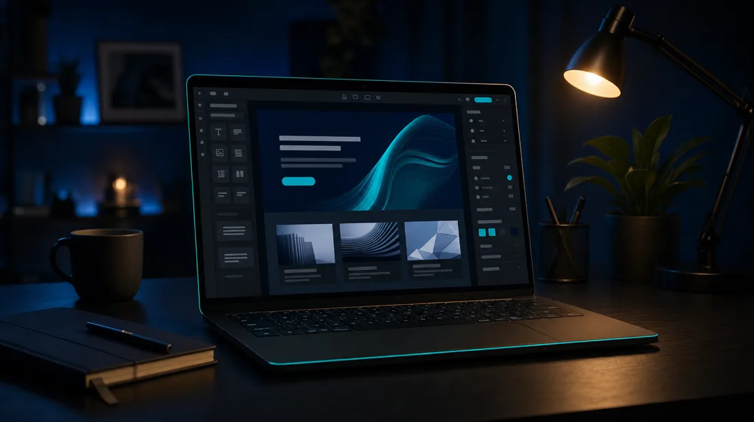 Notebook sobre uma mesa de estúdio à noite, exibindo um editor de site em construção
